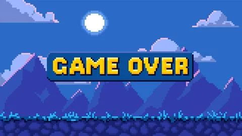Pixel background with mountain night landscape and "Game Over" inscription. Illustrazione stock