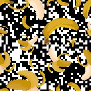 Pixel banana Seamless Pattern. Pix vector illustration. Stock Illustration