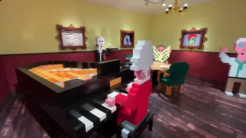 Pixel based figures in cafeteria with piano player Stock Footage 218434309
