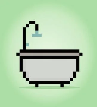 Pixel Bathtub 8 Bit. Interior game assets in vector illustrations. Stock Illustration
