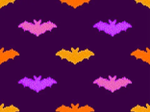 Pixel bats seamless pattern. Halloween background with bats in pixel art styl Stock Illustration
