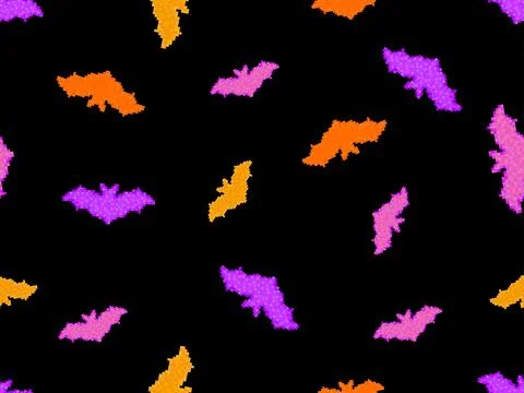 Pixel bats seamless pattern. Halloween background with bats in pixel art styl Stock Illustration