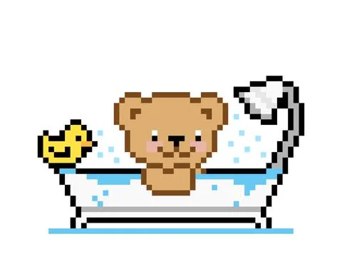 Pixel bear is taking a bath, with a toy duck. Vector illustration for 8 bit g Stock Illustration