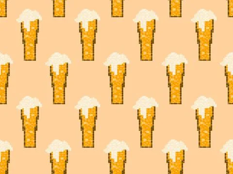 Pixel beer seamless pattern. Glass of beer pixel art. 8 bit mug, pixel drinks Stock Illustration