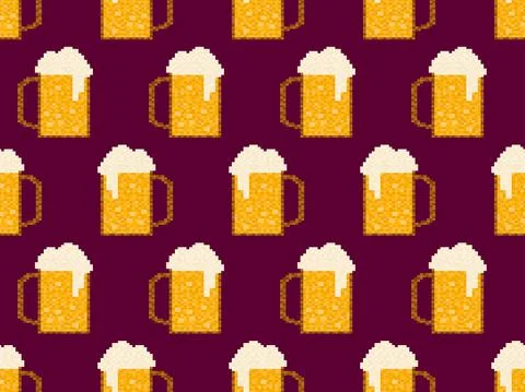 Pixel beer seamless pattern. Glass of beer pixel art. 8 bit mug, pixel drinks Stock Illustration