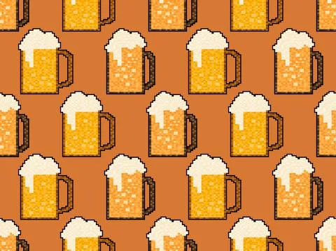 Pixel beer seamless pattern. Glass of beer pixel art. 8 bit mug, pixel drinks Stock Illustration