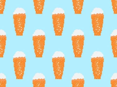 Pixel beer seamless pattern. Glass of beer pixel art. 8 bit mug, pixel drinks Stock Illustration