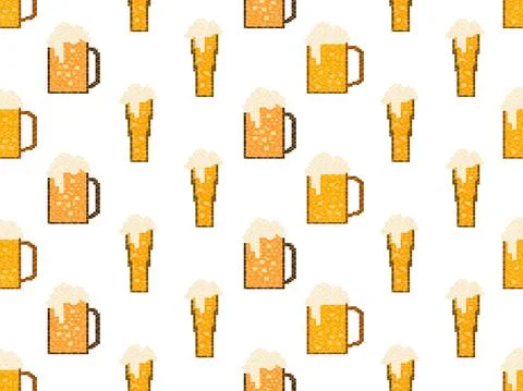 Pixel beer seamless pattern. Glass of beer pixel art. 8 bit mug, pixel drinks Stock Illustration