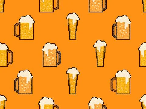 Pixel beer seamless pattern. Glass of beer pixel art. 8 bit mug, pixel drinks Stock Illustration