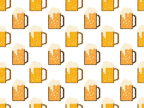 Pixel beer seamless pattern. Glass of beer pixel art. 8 bit mug, pixel drinks Stock Illustration