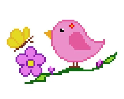 Pixel bird image in a tree. Yellow bird for pattern vector. Vector illustrati 스톡 일러스트