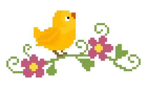 Pixel birds on the tree. Pattern yellow bird image, crochet pattern. Vector I 스톡 일러스트