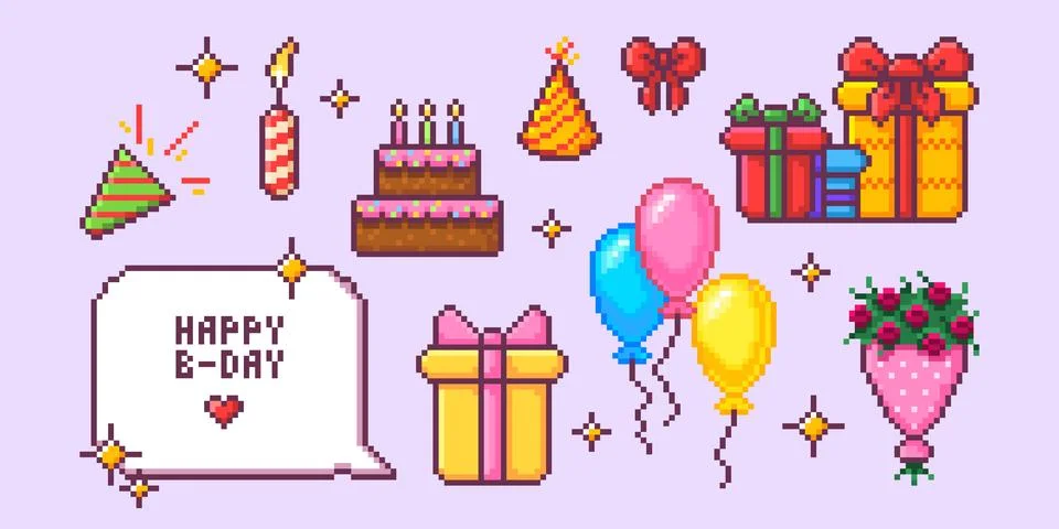 Pixel birthday celebration elements Stock Illustration