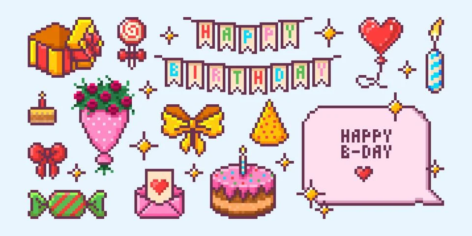 Pixel birthday celebration elements Stock Illustration