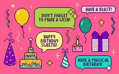 Pixel birthday celebration elements Stock Illustration