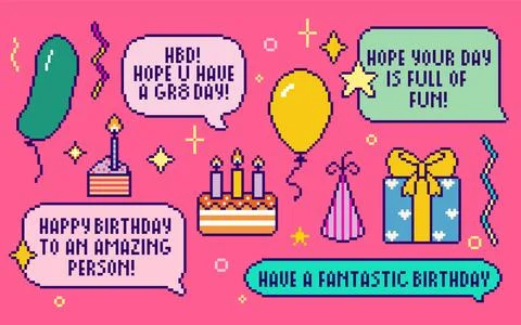 Pixel birthday celebration elements Stock Illustration
