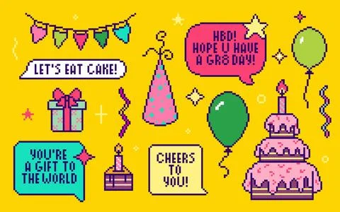 Pixel birthday game icons set Stock Illustration