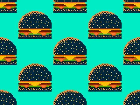 Pixel black burger seamless pattern. 8-bit cheeseburger with two patties an.. Illustrazione stock