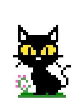Pixel black cat image for game assets. Stock Illustration