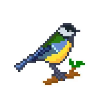 Pixel blue tit bird image. Vector illustration of cross stitch pattern. Stock Illustration