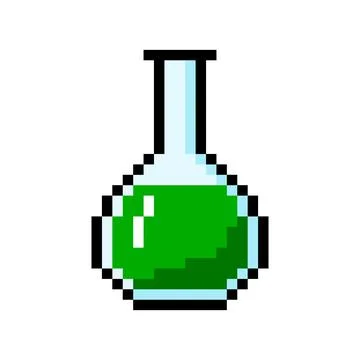 Pixel bottle with witchcraft potion. Game elixir with dangerous green poison Stock Illustration