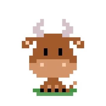 Pixel brown cow image for 8 bit game assets 스톡 일러스트