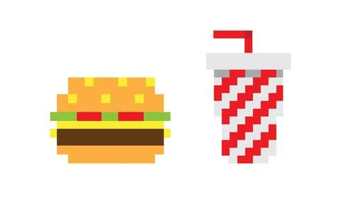 Pixel burger and drink. Vector Illustration. Illustrazione stock
