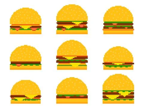Pixel burger icon set isolated on white background. 8-bit cheeseburger with.. Illustrazione stock