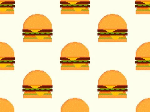 Pixel burger seamless pattern. 8-bit cheeseburger with two patties and chee.. Stock Illustration
