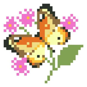 Pixel Butterfly with flower image for game assets. Иллюстрация