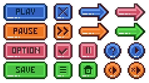 Pixel buttons. Retro video game or app navigation, menu panel elements Illustrazione stock