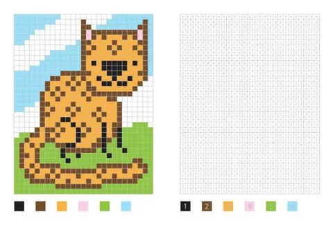 	Pixel cartoon leopard in the coloring page with numbered squares Stock Illustration