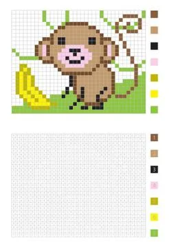 Pixel cartoon monkey in the coloring page with numbered squares イラスト素材