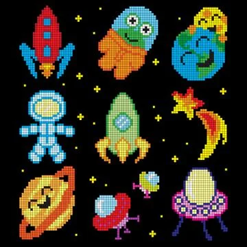 Pixel cartoon space set Stock Illustration