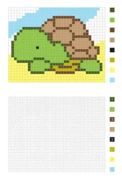 	Pixel cartoon turtle in the coloring page with numbered squares Stock Illustration