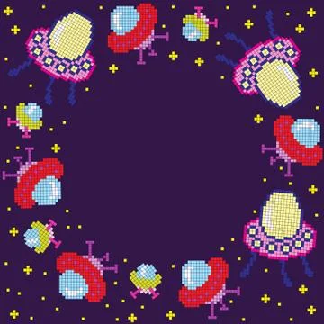 Pixel cartoon ufo frame Stock Illustration