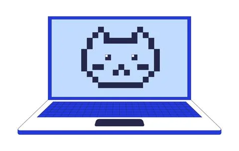Pixel cat face on laptop screen 2D cartoon object Stock Illustration