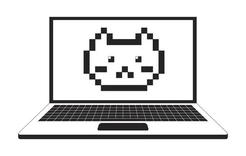 Pixel cat face on laptop screen 2D line object Stock Illustration
