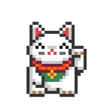 Pixel cat image. the Lucky cat, Maneki Neko. Stock Illustration