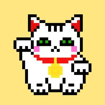 Pixel cat image. Maneki Neko. Vector Illustration of pixel art. Illustrazione stock
