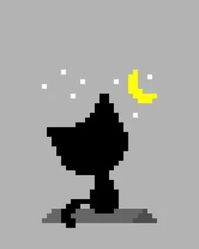 Pixel cat looking at the moon at night. vector illustration. 스톡 일러스트