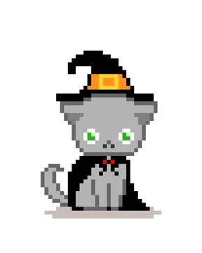 Pixel cat wearing a witch suit. vector illustration. Stock Illustration