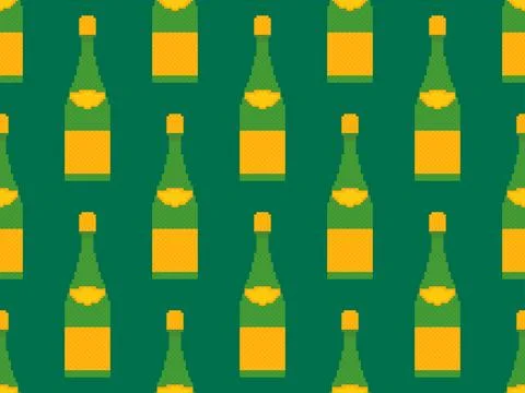 Pixel champagne bottle seamless pattern. 8-bit pixelated wine bottle with g.. Stock Illustration
