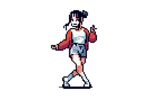 Pixel character girl in a pose of a dancing person, dressed in casual clothes Stock Illustration