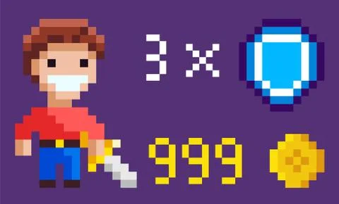Pixel Character with Sword, Heroic Man and Icons Ilustração Stock