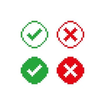Pixel check mark and cross icon set. Positive and negative choice 8bit illu.. Stock Illustration