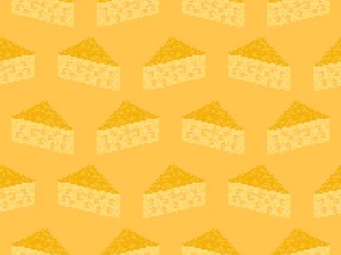 Pixel cheese seamless pattern. 8 bit slices of cheese with holes, retro graph Stock Illustration