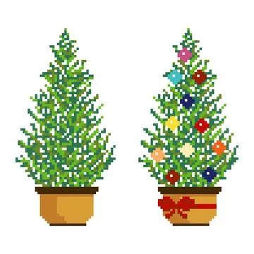 Pixel Christmas Trees with and without Decorations Illustrazione stock