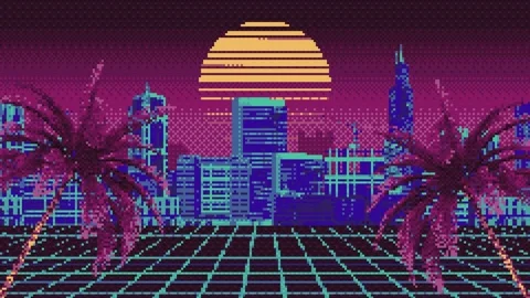 Pixel city background with palm trees in 4K. 8 bit retro background Stock Footage 276892997
