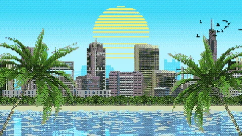 Pixel city background with palm trees in 4K. 8 bit retro background. Stock Footage 300882304